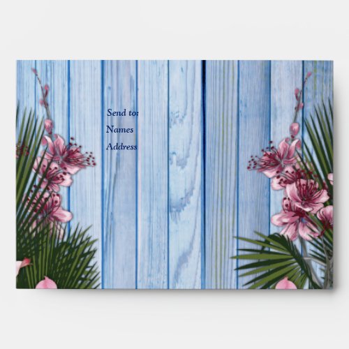 Pink Arty Flowers on Blue_wood Texture Envelopes