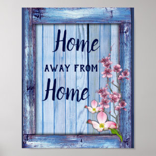 Pink arty Flowers on Blue-wood texture Poster