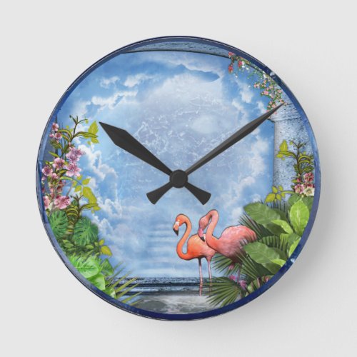 Pink Arty Flowers on Blue_wood  texture Round Clock