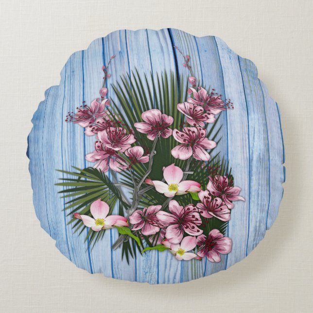 Pink Arty Flowers on Blue-wood-texture Round Pillow (Front)