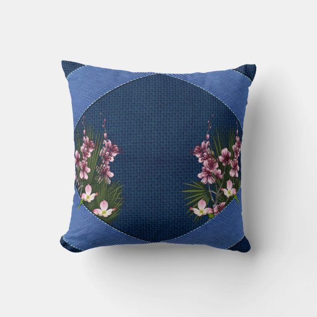 Pink Arty Flowers on Navy Blue-Fabric texture Throw Pillow (Front)