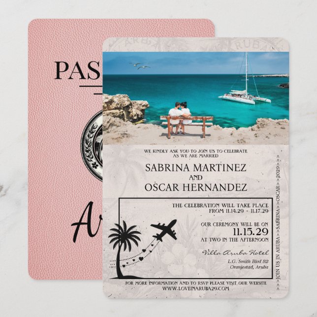 Pink Aruba Passport Wedding Invitation (Front/Back)
