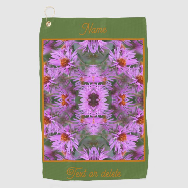 Pink Aster Flowers Abstract Personalized Golf Towel (Front)