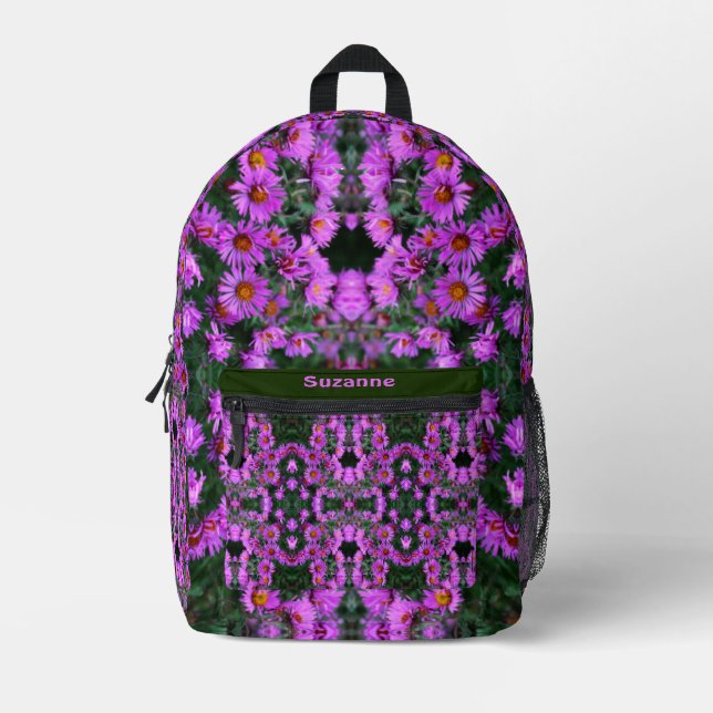 Pink Aster Flowers Abstract Personalized Printed Backpack (Front)