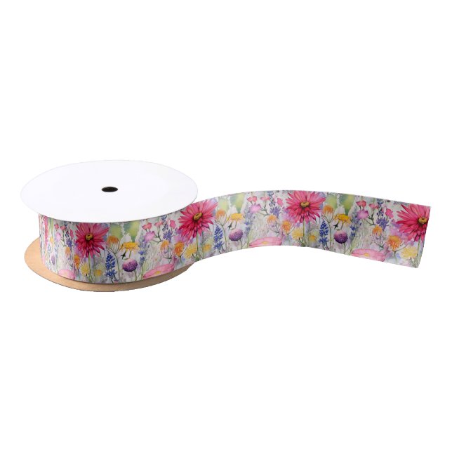 Pink Aster Wildflower Floral Pattern Satin Ribbon (Spool)