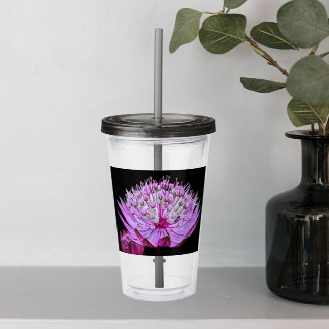 Pink Astrantia Flower on Black Floral Acrylic Tumbler (In Situ Table)