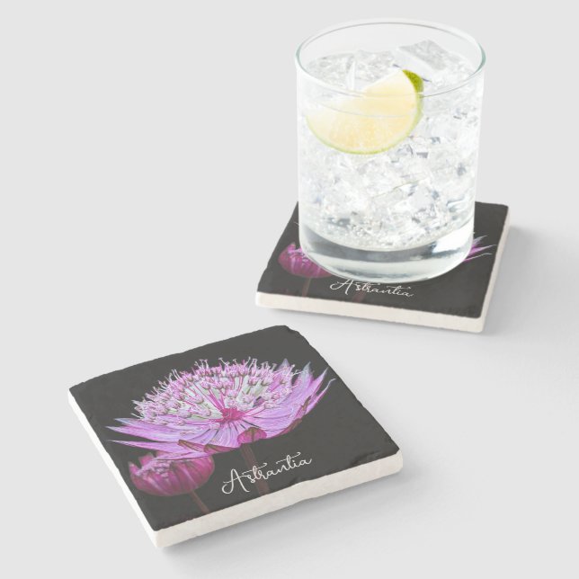 Pink Astrantia Flower on Black Floral Stone Coaster (Side)