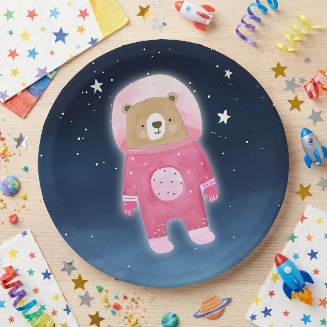 Pink Astronaut Bear Space Baby Shower Paper Plates (Pink Astronaut Bear Space Baby Shower Paper Plates.)