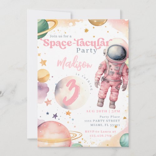 Pink Astronaut Girl Outer Space Birthday Invitation