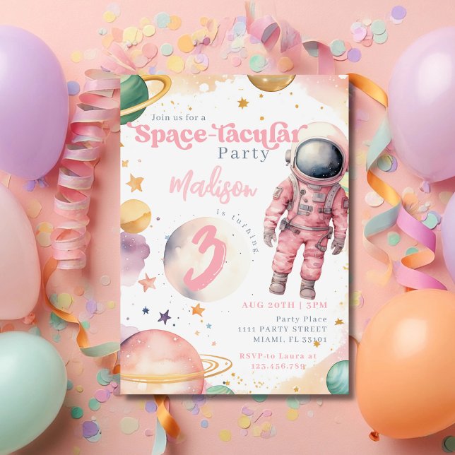Pink Astronaut Girl Outer Space Birthday Invitation (Creator Uploaded)