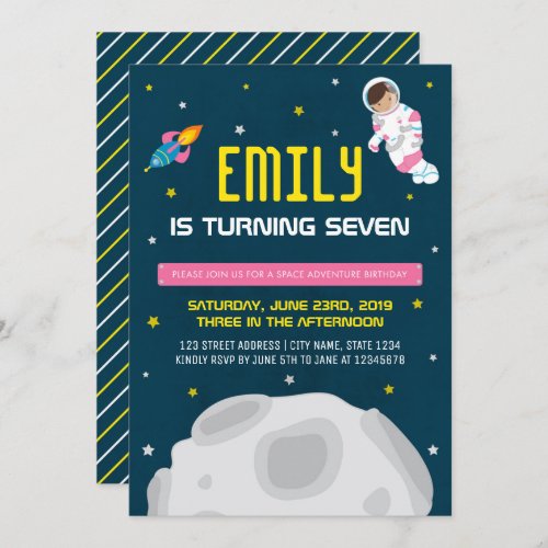 Pink Astronaut Girl Space Birthday Invitation