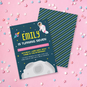 Pink Astronaut Girl Space Birthday Invitation