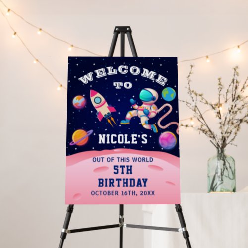 Pink Astronaut Outer Space Birthday Party Welcome Foam Board