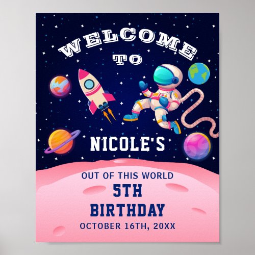 Pink Astronaut Outer Space Birthday Party Welcome Poster