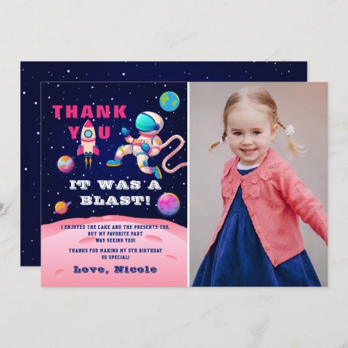 Pink Astronaut Outer Space Birthday Photo Thank You Card