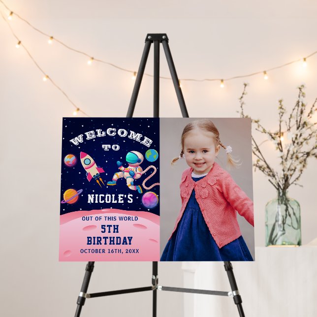 Pink Astronaut Outer Space Birthday Welcome Photo Foam Board (In Situ (Stand))