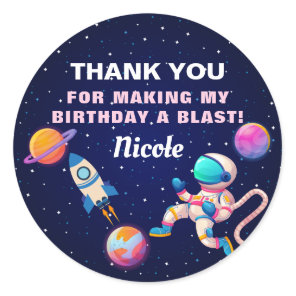 Pink Astronaut Outer Space Rocket Ship Birthday Classic Round Sticker