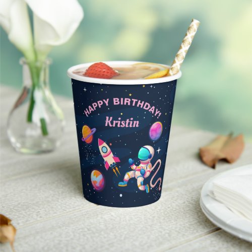 Pink Astronaut Outer Space Rocket Ship Birthday Paper Cups