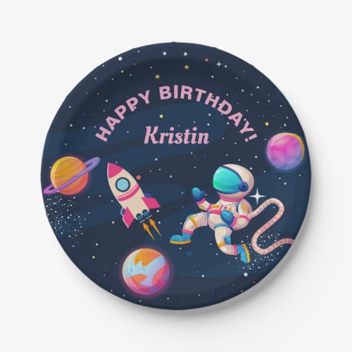 Pink Astronaut Outer Space Rocket Ship Birthday Paper Plates