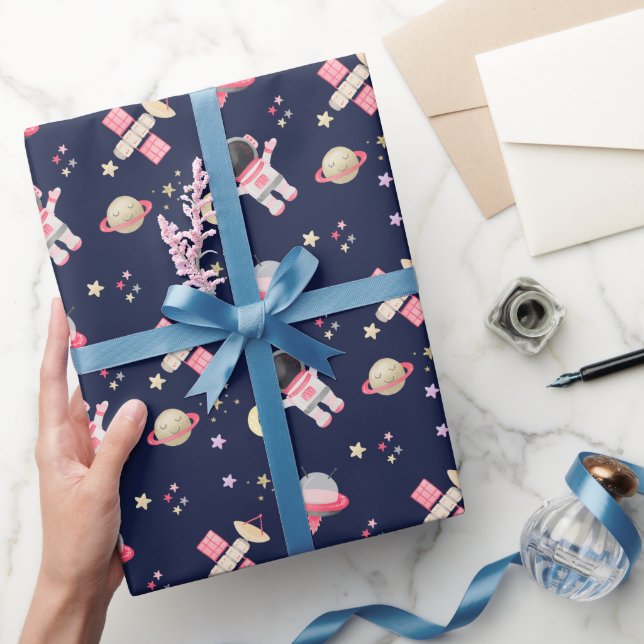 Pink Astronaut Space Stars Wrapping Paper (Gifting)