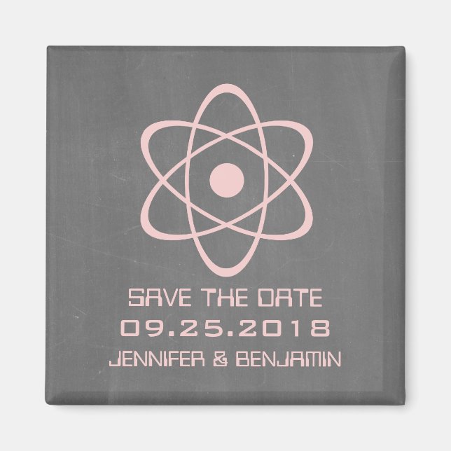 Pink Atomic Chalkboard Save the Date Magnet (Front)