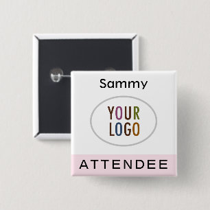 Pink Attendee Name Badge with Logo Pinback Square  Button