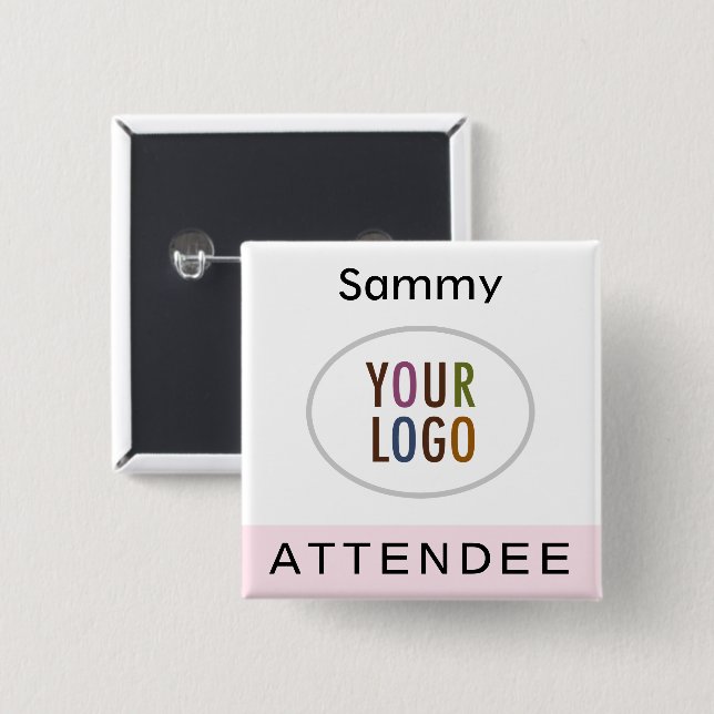 Pink Attendee Name Badge with Logo Pinback Square  Button (Front & Back)