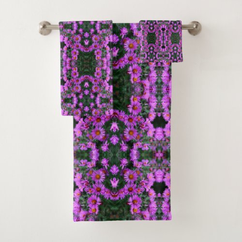 Pink Autumn Aster Flowers Orton Abstract Bath Towel Set
