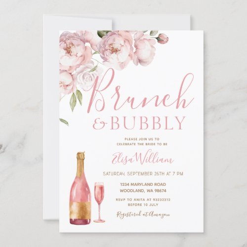  Pink Autumn Brunch and Bubbly  Bridal Shower Invitation