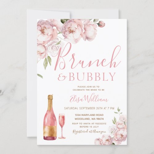  Pink Autumn Brunch and Bubbly  Bridal Shower Invitation