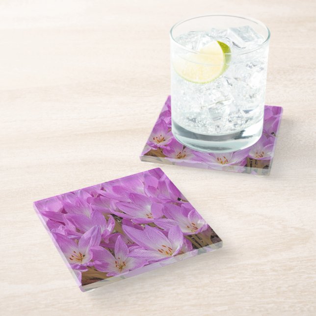Pink Autumn Crocus Blooms Floral Glass Coaster (Angled)