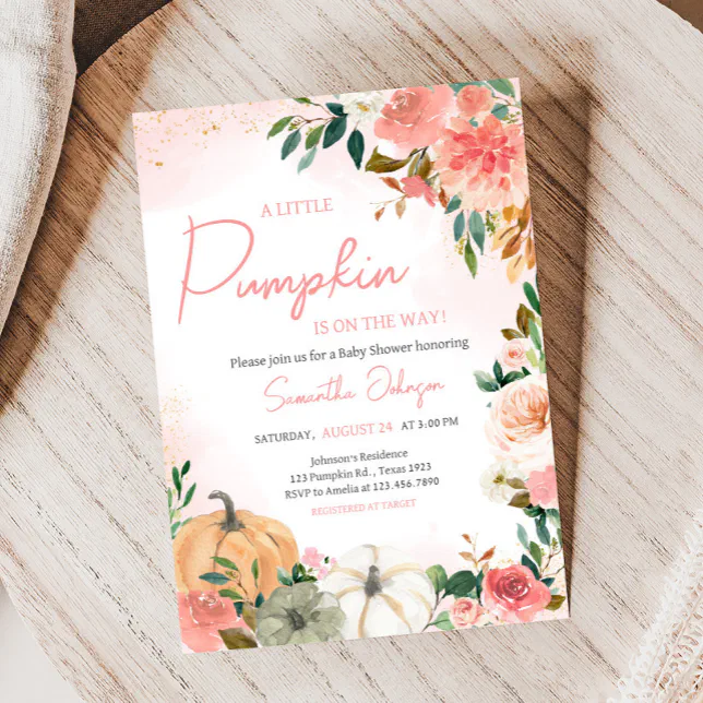 Pink Autumn Fall Floral Pumpkin Baby Shower Invitation | Zazzle