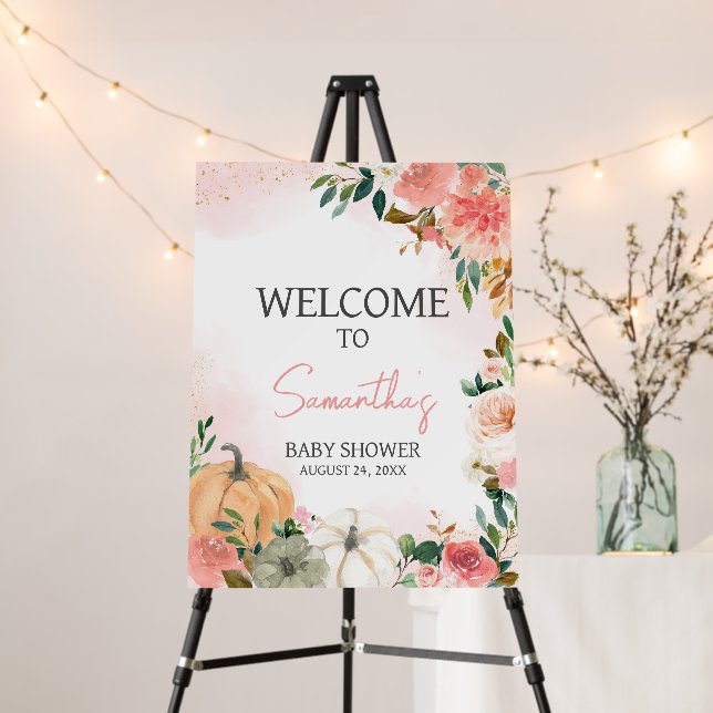 Pink Autumn Fall Floral Pumpkin Welcome Sign (In Situ (Stand))