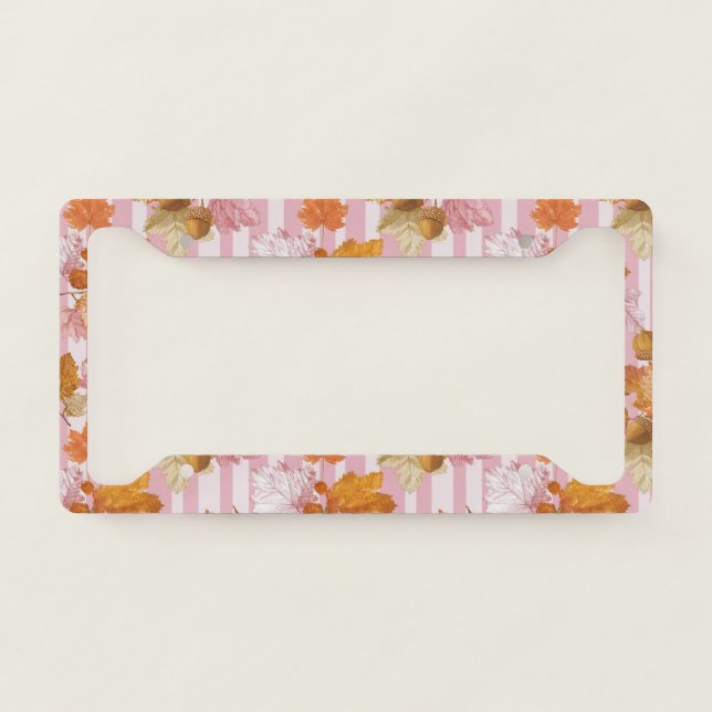 Pink Autumn Leaves and Acorns Pattern - Fall License Plate Frame (Front)