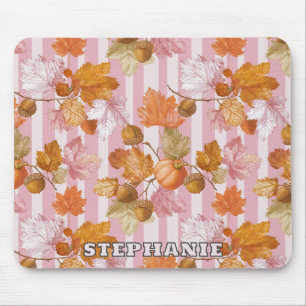 Pink Autumn Leaves and Acorns Pattern - Fall Mouse Pad