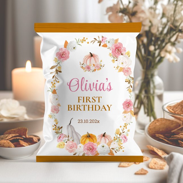 Pink Autumn Pumpkin 1st Birthday Chip Bag Wrapper (Creator Uploaded)