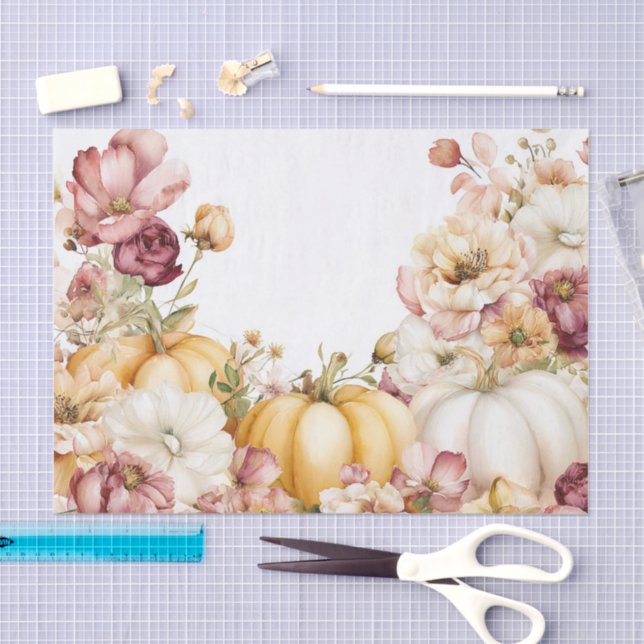 Pink Autumn Pumpkins and Flowers Fall Decoupage Tissue Paper (Craft)