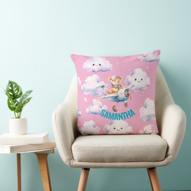 Pink Aviator Teddy Bear Throw Pillow (Chair)