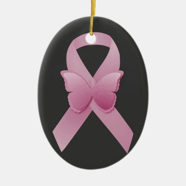 Pink Awareness Ribbon Ceramic Ornament (Front)