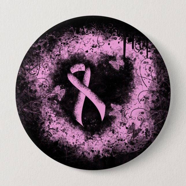 Pink Awareness Ribbon Grunge Heart Button (Front)