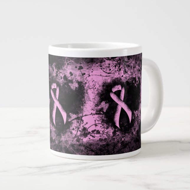 Pink Awareness Ribbon Grunge Heart Giant Coffee Mug (Front Right)