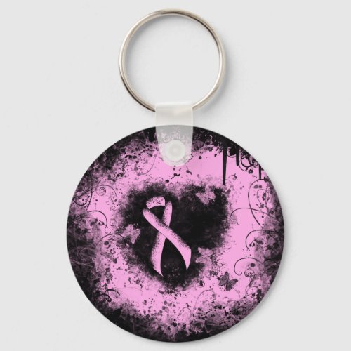 Pink Awareness Ribbon Grunge Heart Keychain