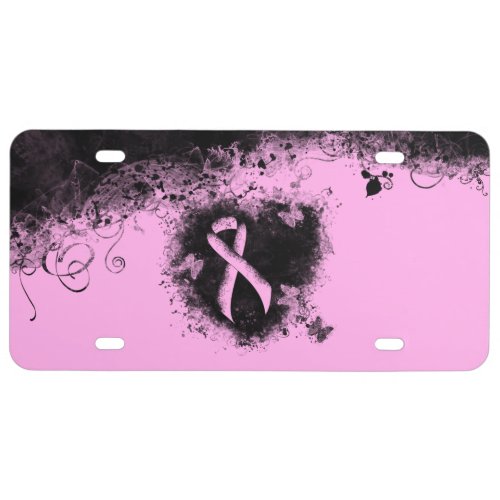 Pink Awareness Ribbon Grunge Heart License Plate