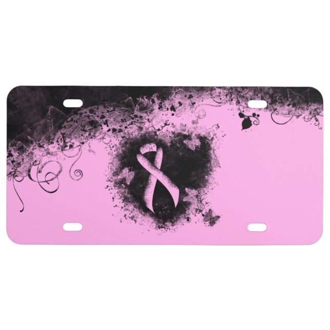 Pink Awareness Ribbon Grunge Heart License Plate (Front)