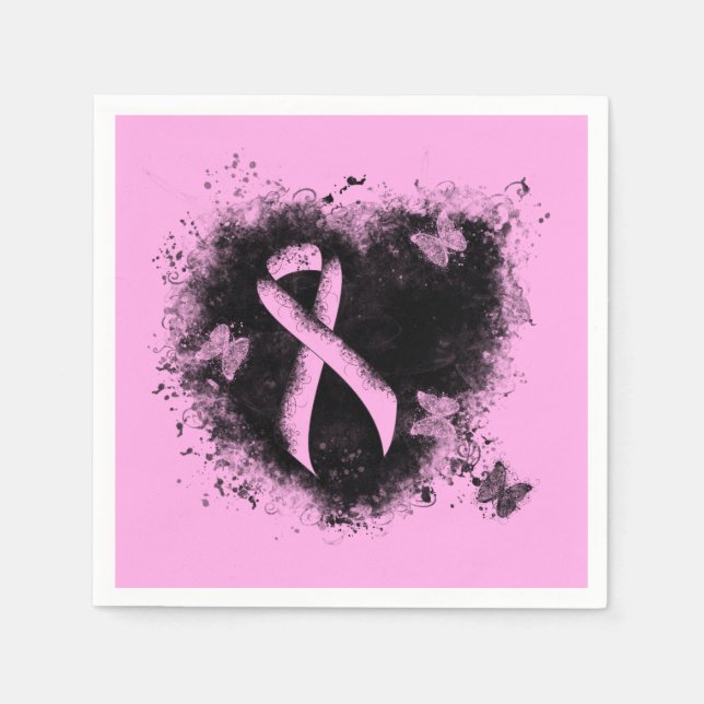 Pink Awareness Ribbon Grunge Heart Paper Napkins (Front)