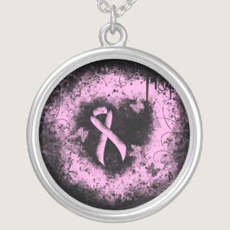 Pink Awareness Ribbon Grunge Heart Silver Plated Necklace