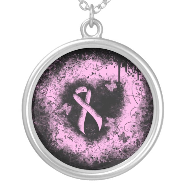 Pink Awareness Ribbon Grunge Heart Silver Plated Necklace (Front)