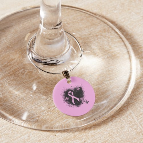 Pink Awareness Ribbon Grunge Heart Wine Glass Charm