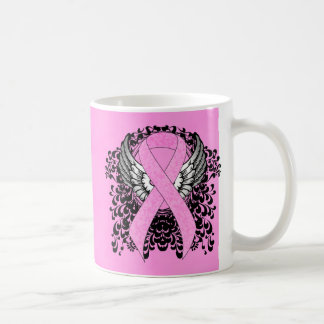Pink Awareness Ribbon on with Wings Coffee Mug