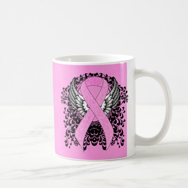 Pink Awareness Ribbon on with Wings Coffee Mug (Right)